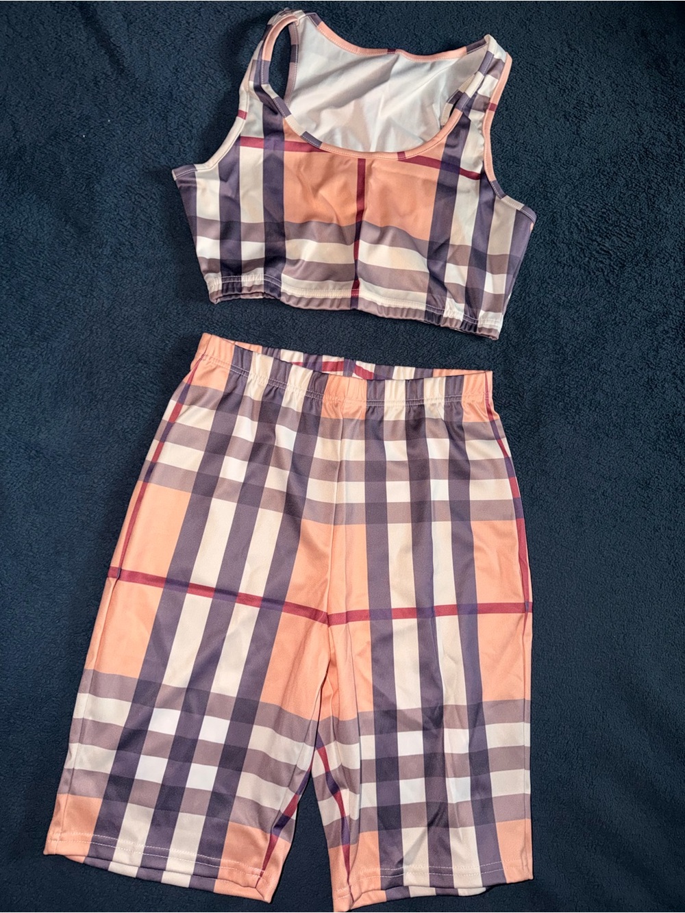 Women’s Plaid Peach and Black 2 Piece Set - Sleeveless Top & Shorts